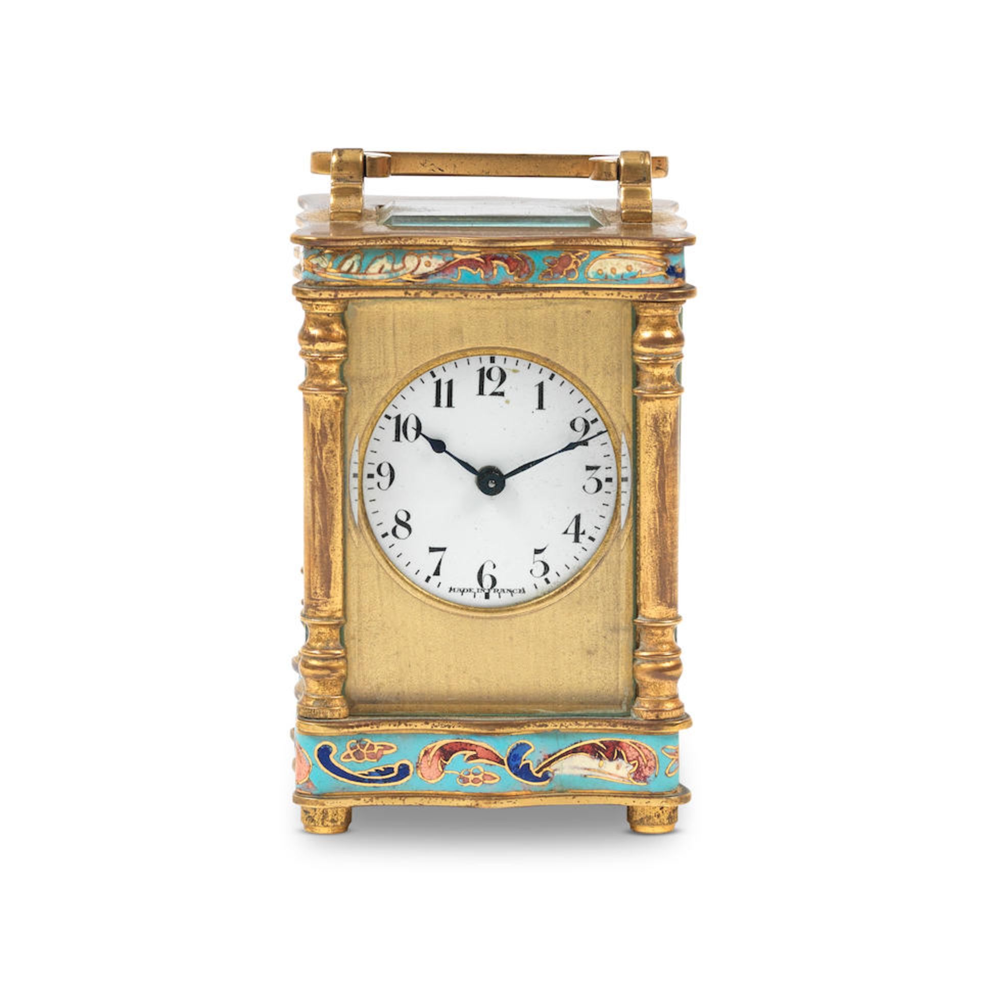 An early 20th century French gilt brass and champleve enamel miniature carriage timepiece