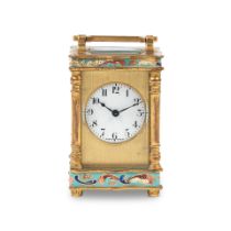 An early 20th century French gilt brass and champleve enamel miniature carriage timepiece