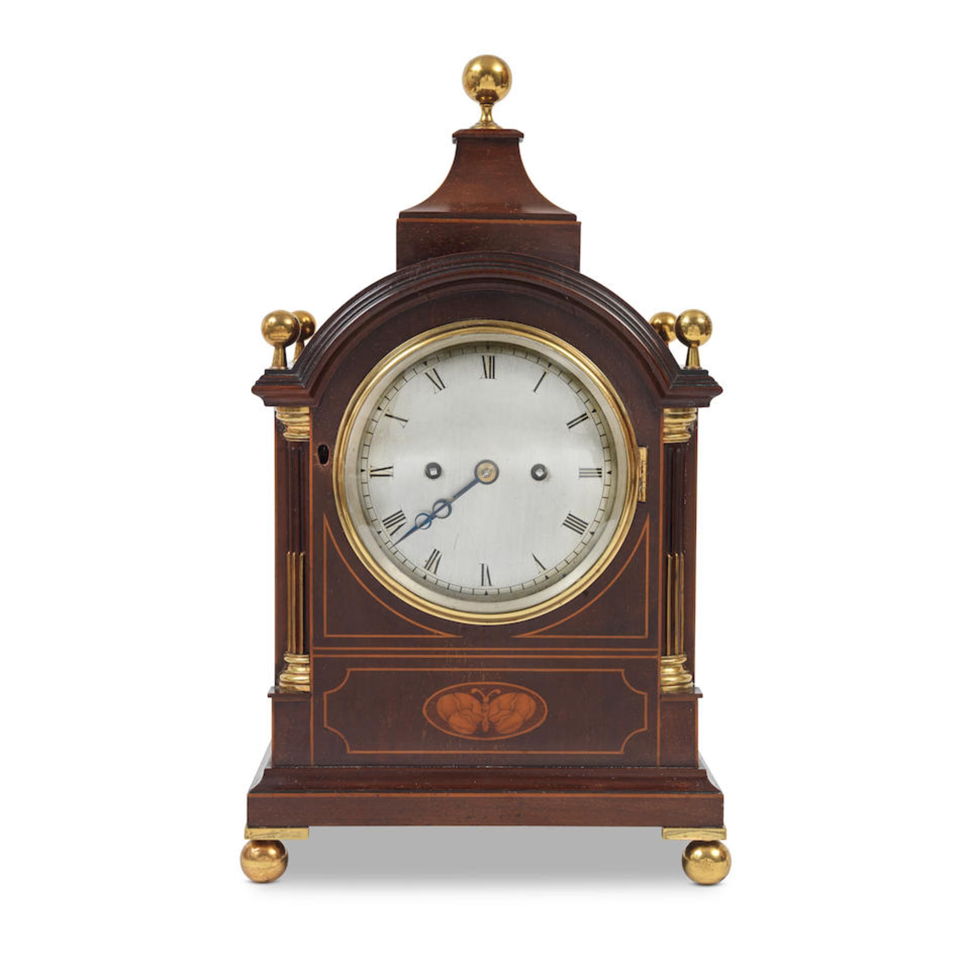 A late 19th century brass mounted mahogany and inlaid bracket/table clock in the George III style