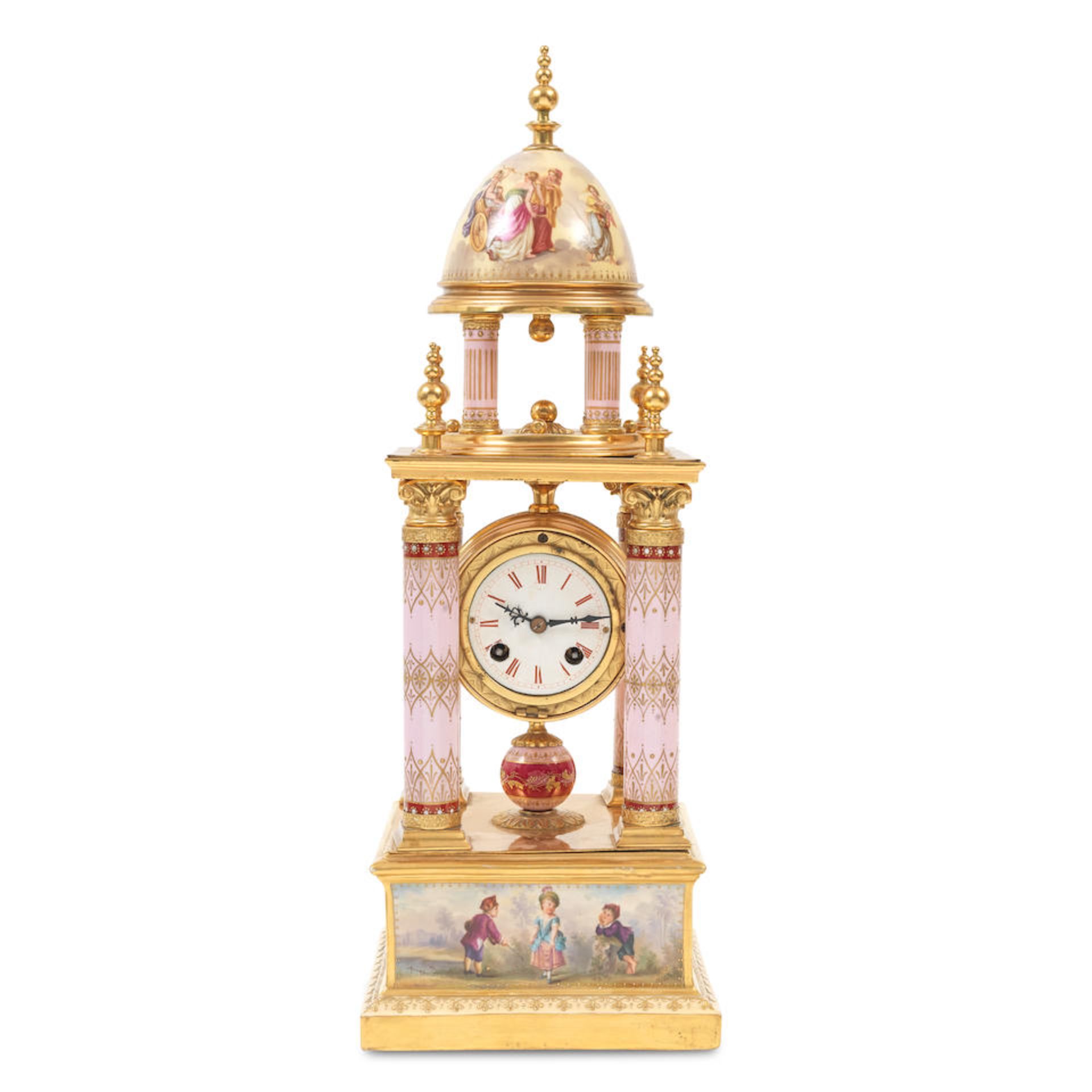 A Continental gilt brass and porcelain portico clock in the Vienna style, parts probably late 1...