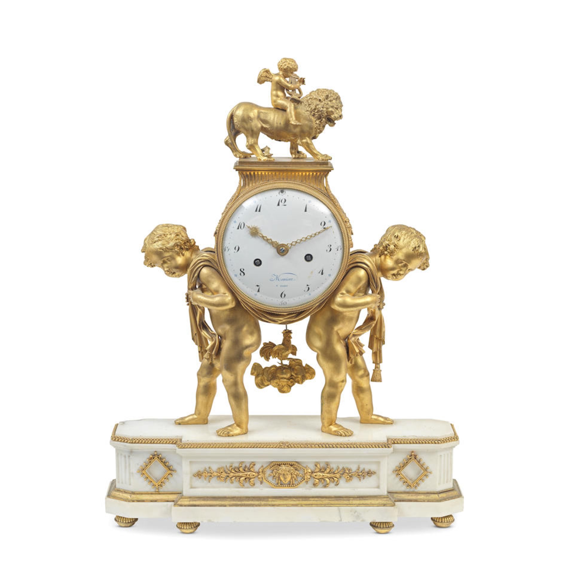 An early 19th century French gilt bronze and white marble figural mantel clock the dial and bac...
