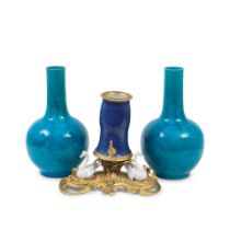 A gilt bronze mounted porcelain table fountain together with a pair of turquoise glazed vases th...