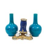 A gilt bronze mounted porcelain table fountain together with a pair of turquoise glazed vases th...