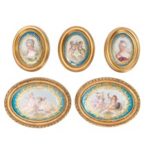 A group of five late 19th century framed oval Sevres style bleu-céleste ground porcelain pl...