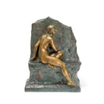 Gustav Obiols (French, 1858-1910): A green verdigris patinated and parcel gilt bronze figure of ...