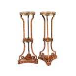 A pair of Louis XVI tulipwood, rosewood and Japanese lacquer inset two-tier gueridons or torcher...