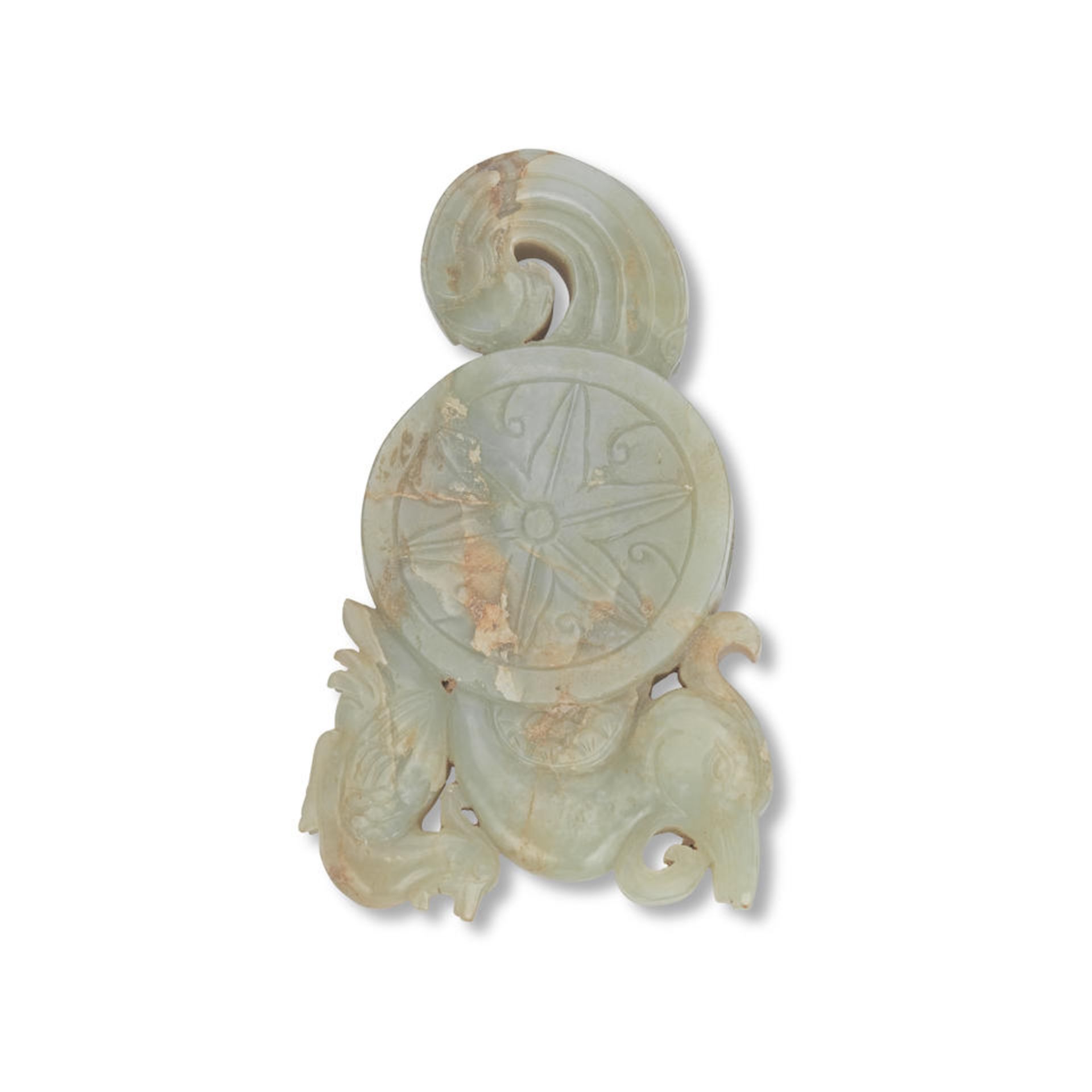 A Chinese pale green and russet jade 'Double Phoenix' carved fitting Late Qing dynasty or later