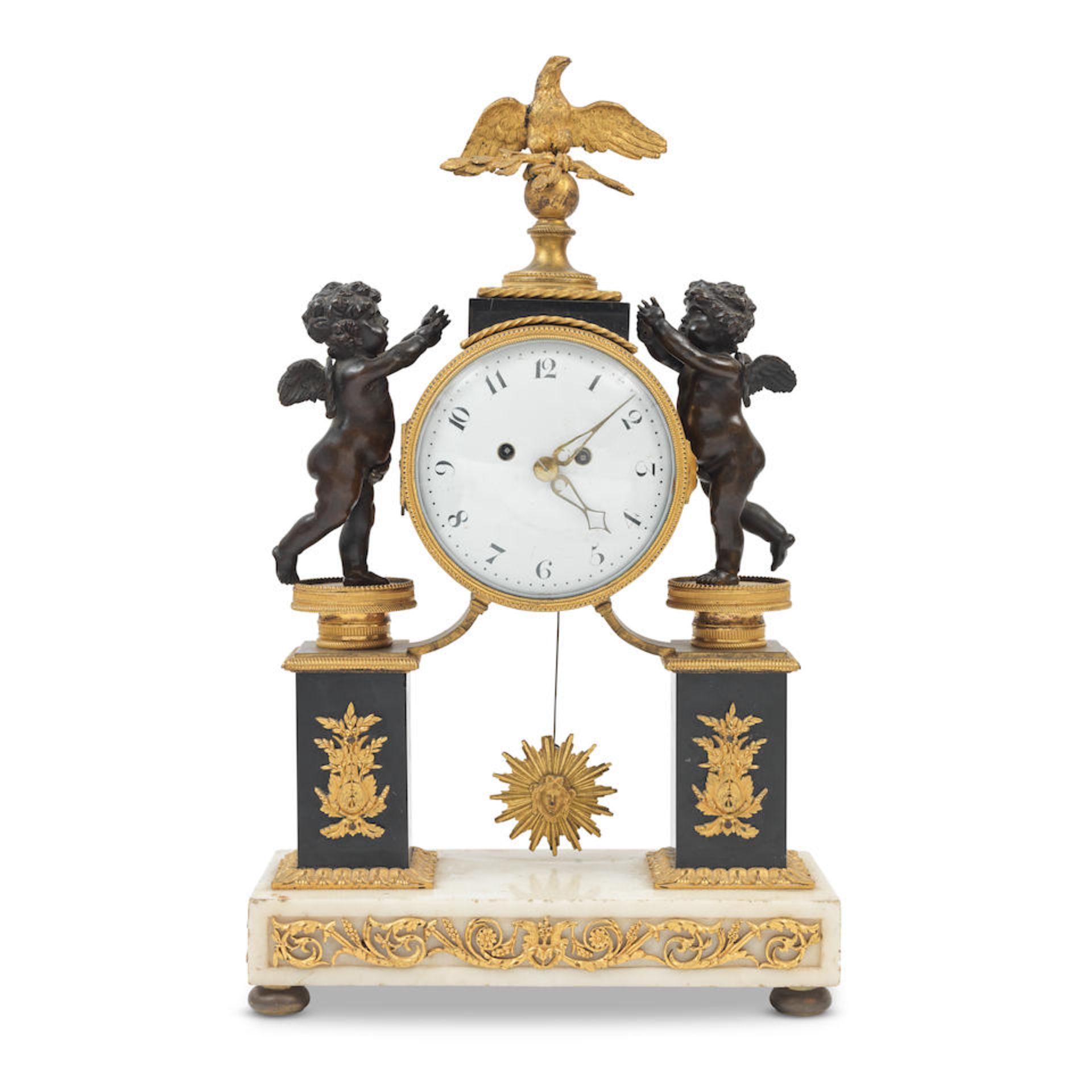 An 19th century French gilt and patinated bronze figural portico clock