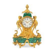 A late 19th ccentury gilt bronze and later malachite clad mantel clock in the Louis XVI style, ...