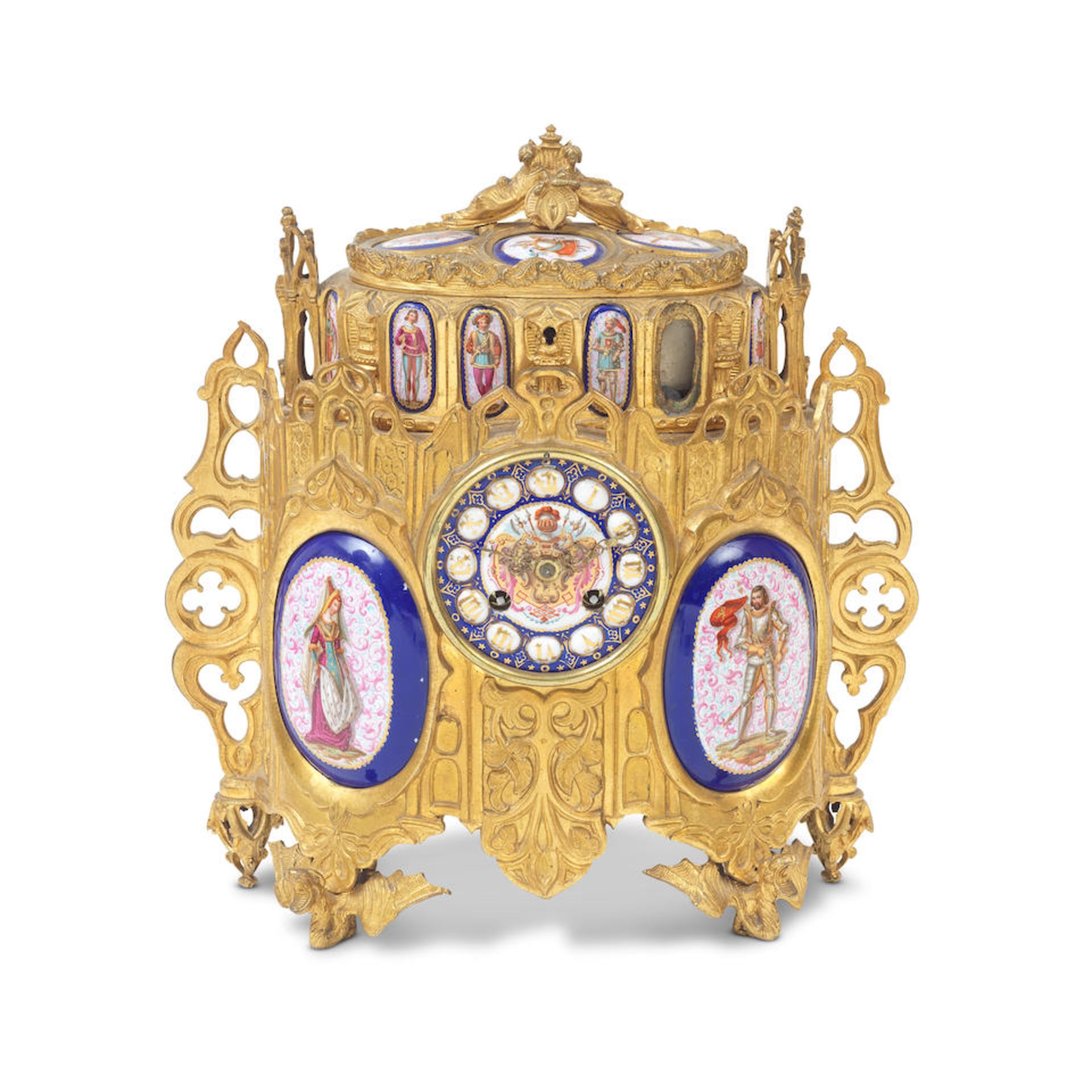 A third quarter 19th century French gilt bronze and porcelain mounted mantel clock in the Trouba...