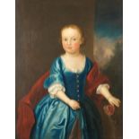 English School, 18th Century Portrait of a child, three-quarter-length, in a blue dress, holding...