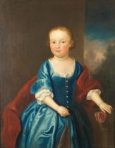 English School, 18th Century Portrait of a child, three-quarter-length, in a blue dress, holding...