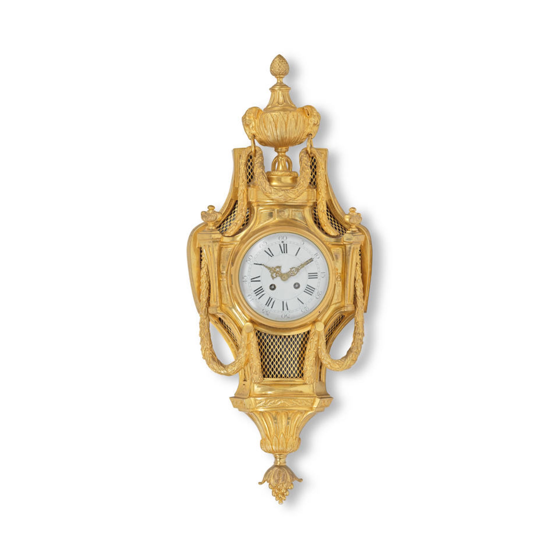 A late 19th century French gilt bronze cartel clock in the Louis XVI style, the movement with in...