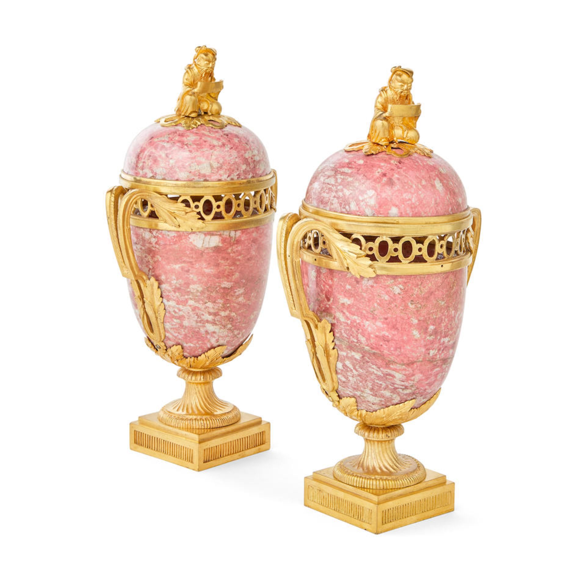 A pair of ormolu mounted pink granite pot-pourri vases in the Louis XVI style, part late 18th ce... - Image 2 of 3