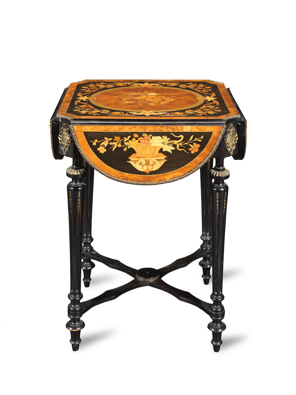 A French 19th century yew wood, ebonised, stained sycamore and fruitwood marquetry table ambulan...