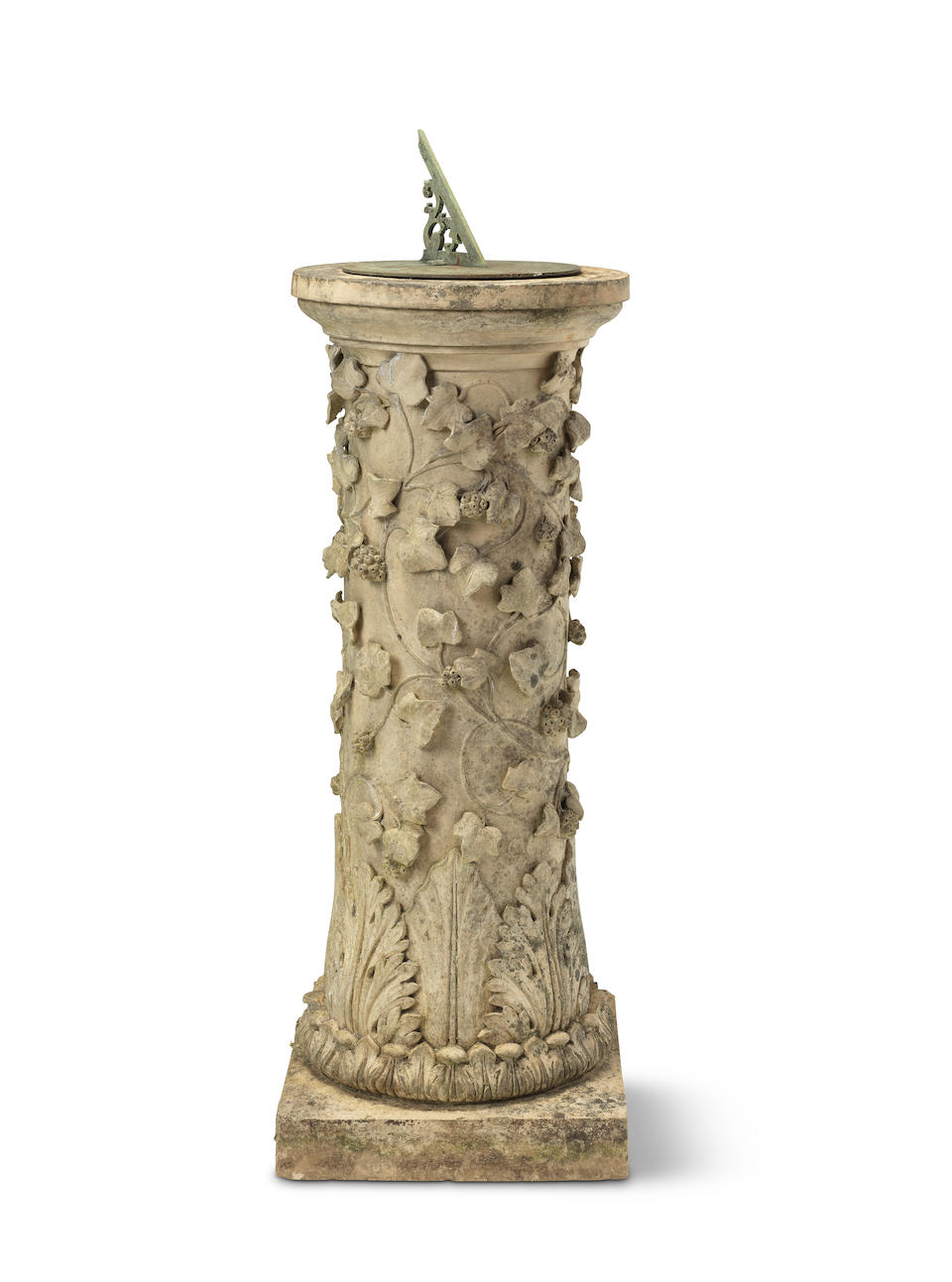 A late 19th century terracotta garden pedestal, together with an associated bronze sundial the ...