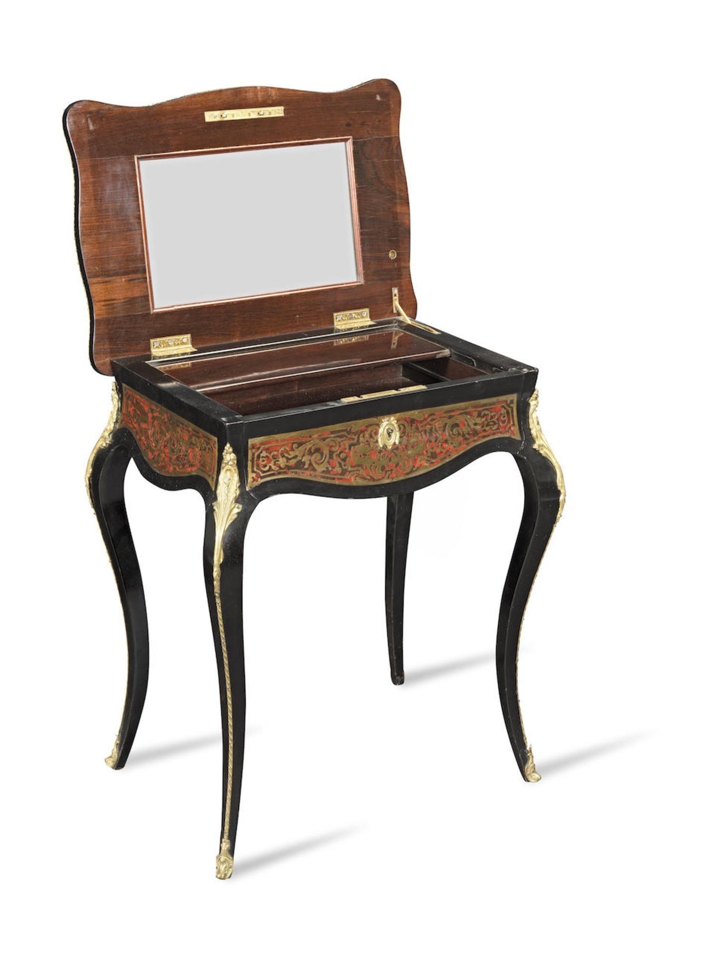 A French 19th century tortoiseshell and brass 'Boulle' marquetry ebony table a ouvrage or dressi... - Image 3 of 3