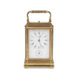 A late 19th/early 20th century French lacquered brass carriage clock with repeat and alarm the d...