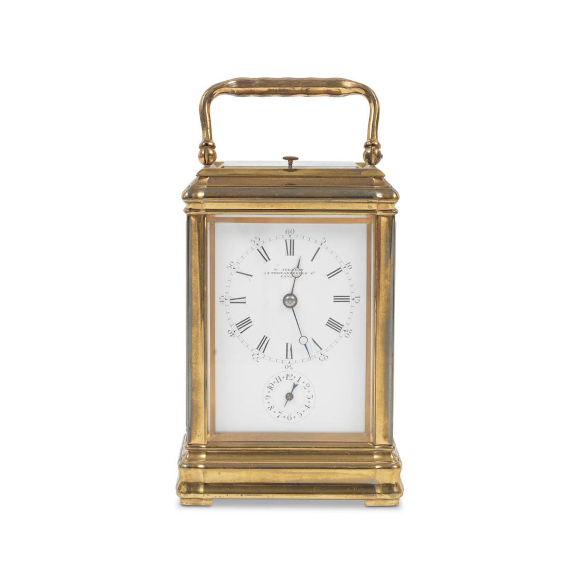 A late 19th/early 20th century French lacquered brass carriage clock with repeat and alarm the d...