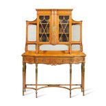 A late Victorian Sheraton revival satinwood, purplewood line-inlaid and polychrome decorated cab...