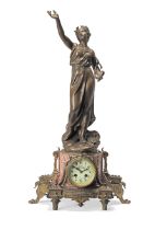 A late 19th/early 20th century patinated spelter and gilt metal mounted pink veined marble figur...