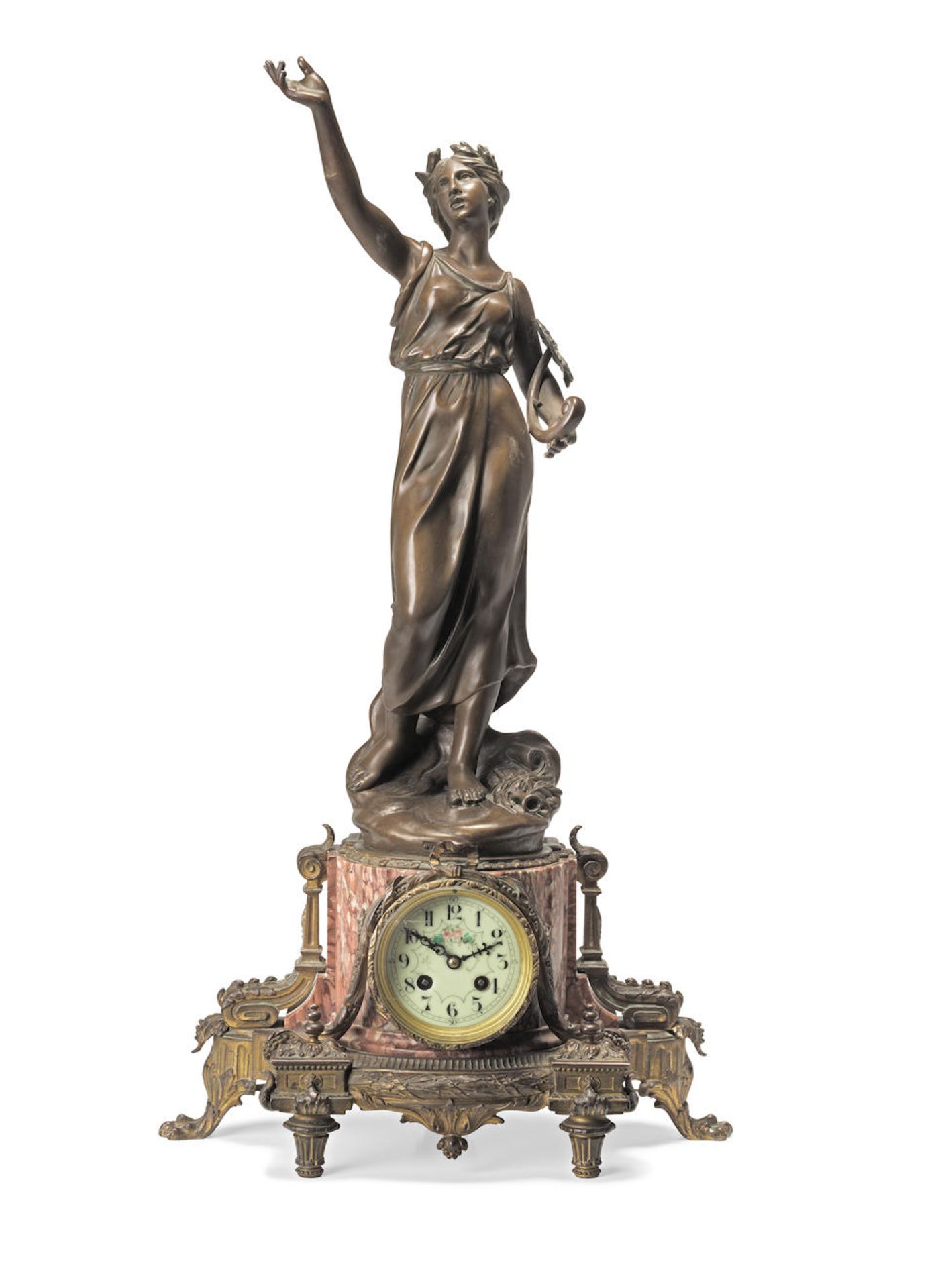 A late 19th/early 20th century patinated spelter and gilt metal mounted pink veined marble figur...