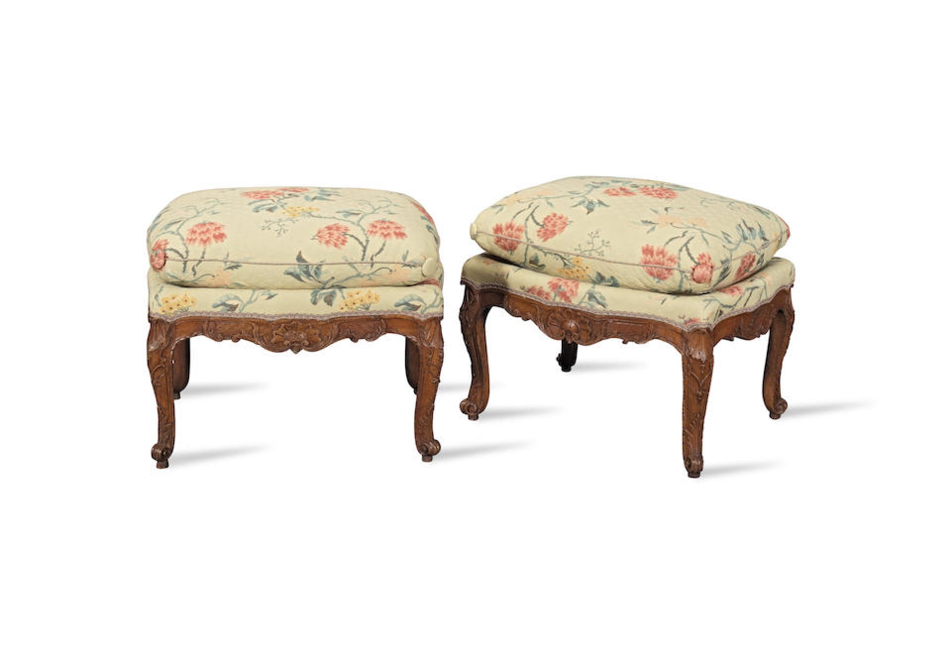 A pair of 19th century French provincial stained beech stools in the Regence style (2)