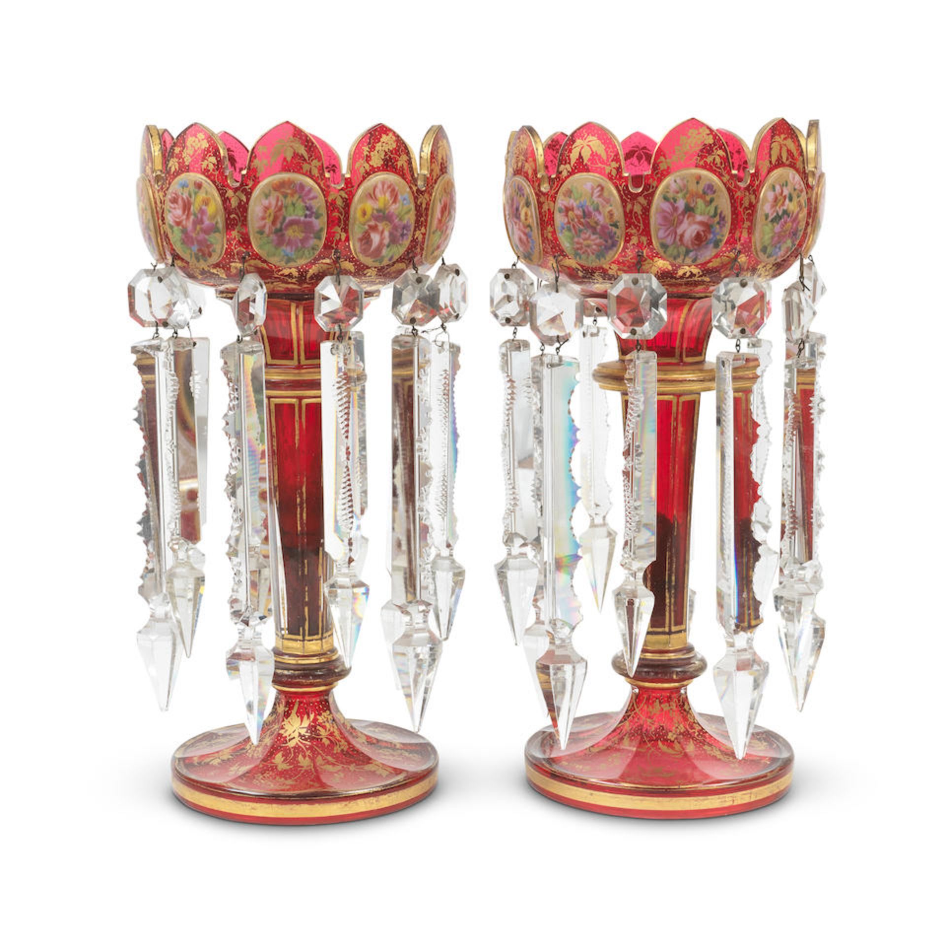 A pair of late 19th century Bohemian overlaid ruby glass table lustres