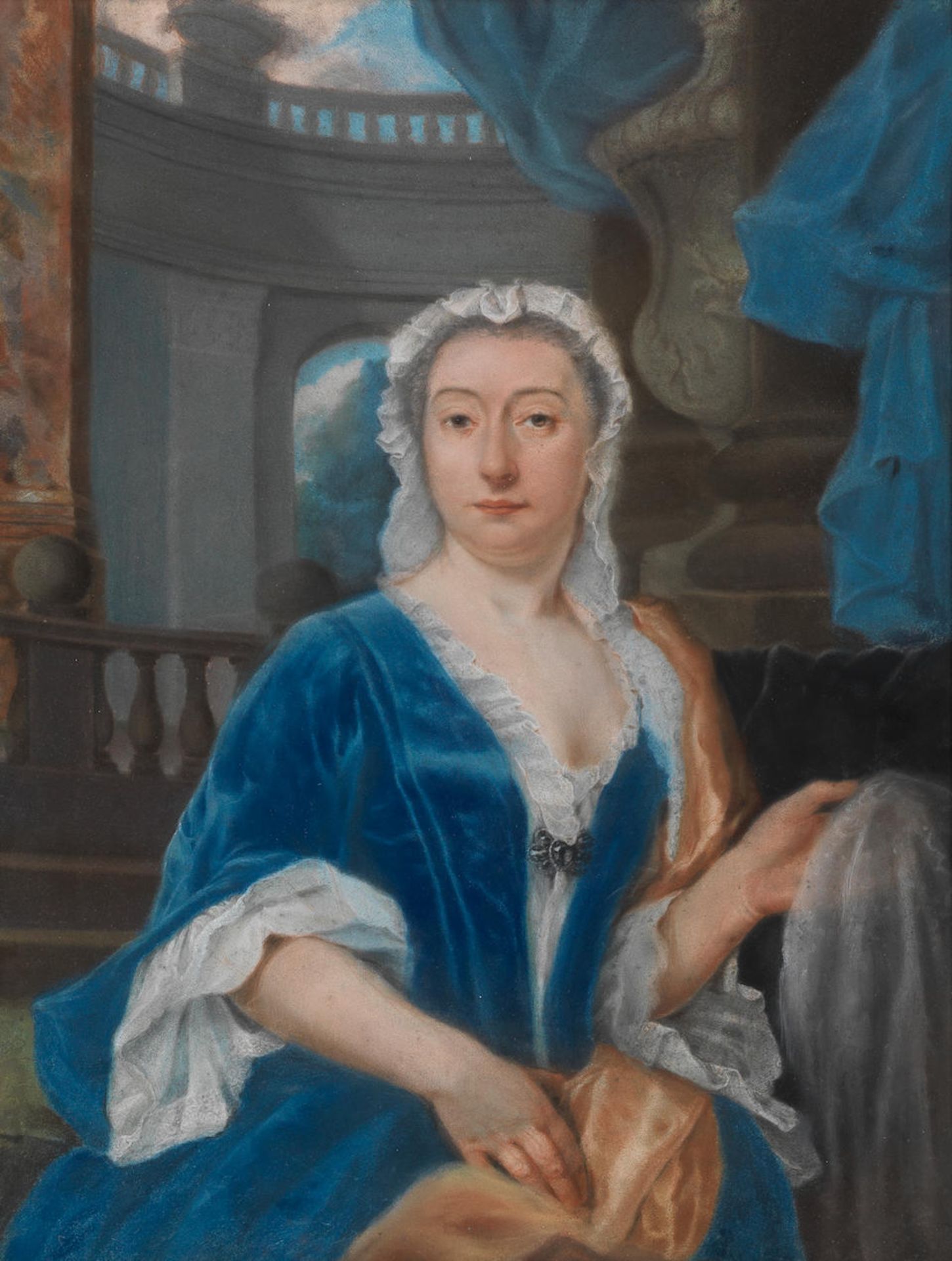 English School, 18th Century Portrait of a lady in a palace interior, circa 1750