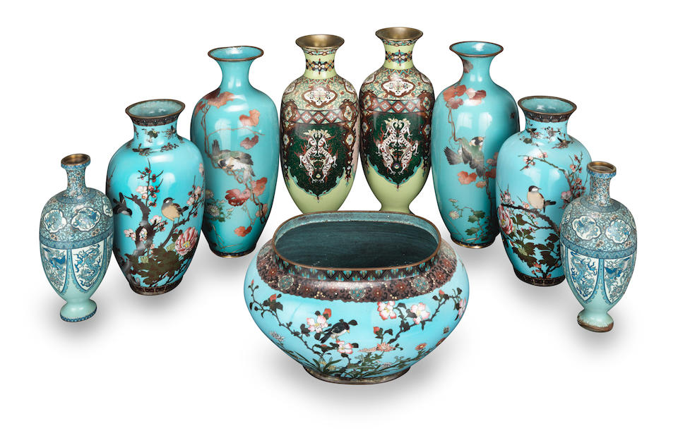 Four Japanese cloisonne vases and a jardinière late Meiji/Taishō period - Image 2 of 2