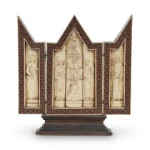A 19th century Italian carved bone and parquetry inlaid triptych in the Embraichi style