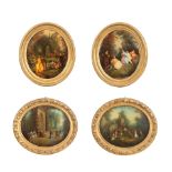 Two pairs of late 19th century continental reverse glass oval pictures depicting 18th century F&...