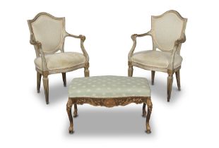 A pair of Louis XVI painted and parcel gilt fauteuils together with a Louis XV painted and parce...