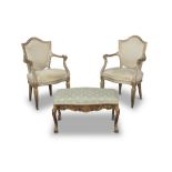 A pair of Louis XVI painted and parcel gilt fauteuils together with a Louis XV painted and parce...