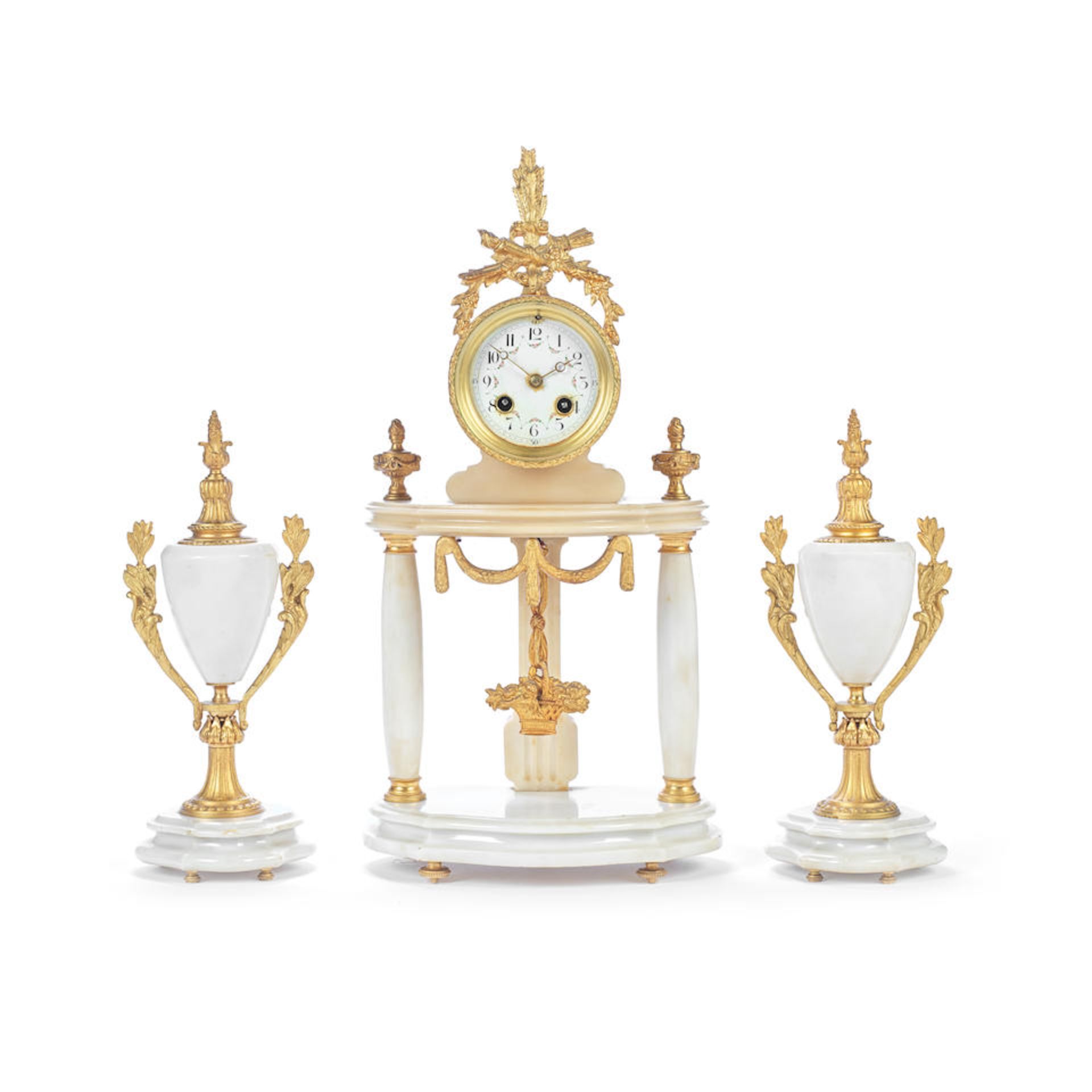 An early 20th century gilt bronze mounted marble portico clock garniture the movement with Japy ...