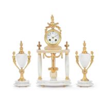 An early 20th century gilt bronze mounted marble portico clock garniture the movement with Japy ...