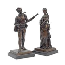 Anatole J. Guillot (French, 1865-1911): A pair of patinated bronze figures of a troubadour and h...