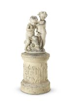 A late 19th century terracotta figural group of two putti allegorical of autumn raised on associ...