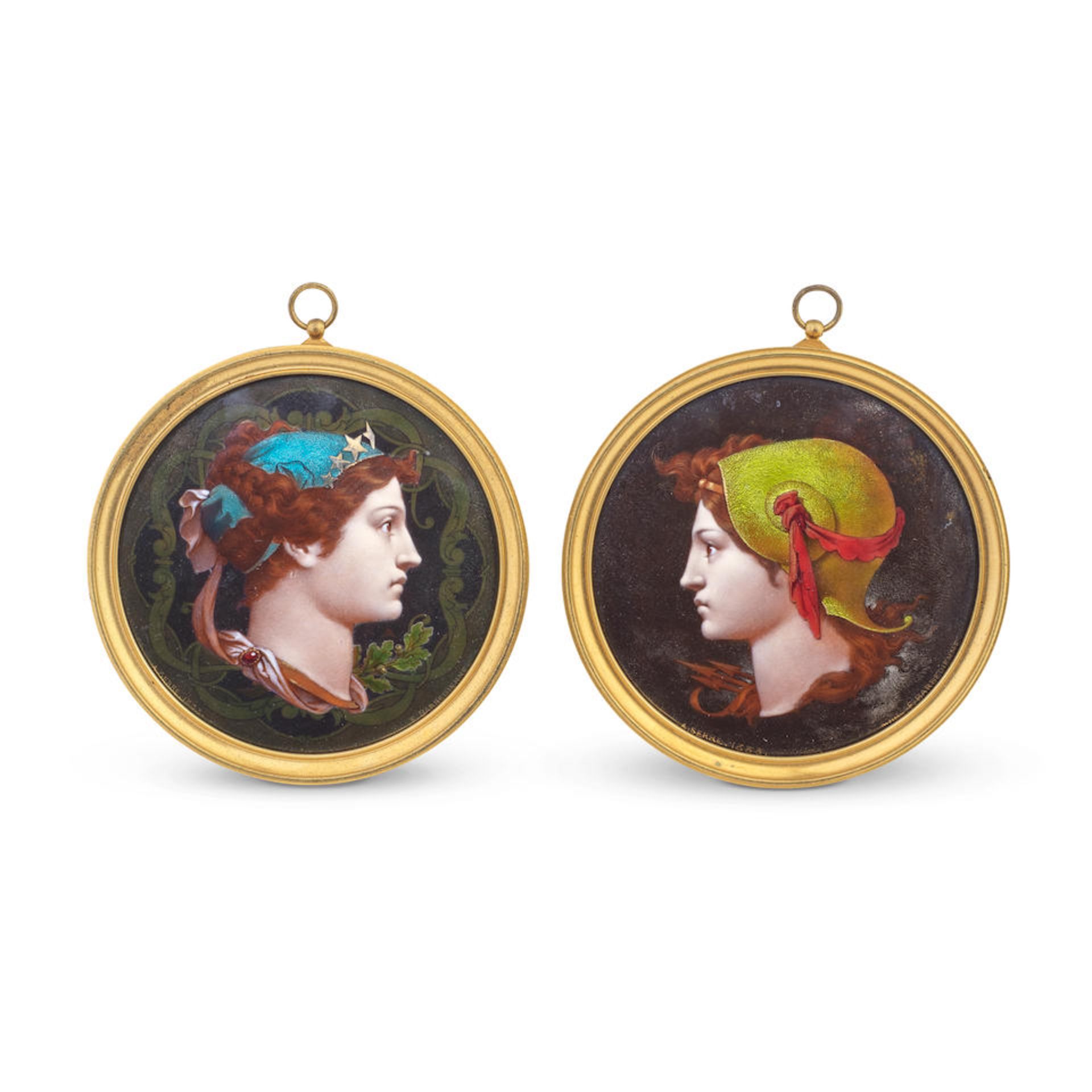 Alfred Paul Louis Serre (French, 1837-1906): A pair of enamel profile portrait roundels, depicti...