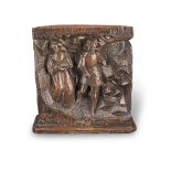 A Northern European carved oak figural panel possibly depicting Longinus and one of the three M...