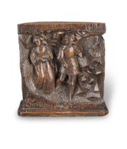 A Northern European carved oak figural panel possibly depicting Longinus and one of the three M...