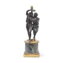 A 19th century and later French patinated bronze figural group, later adapted as a lamp base