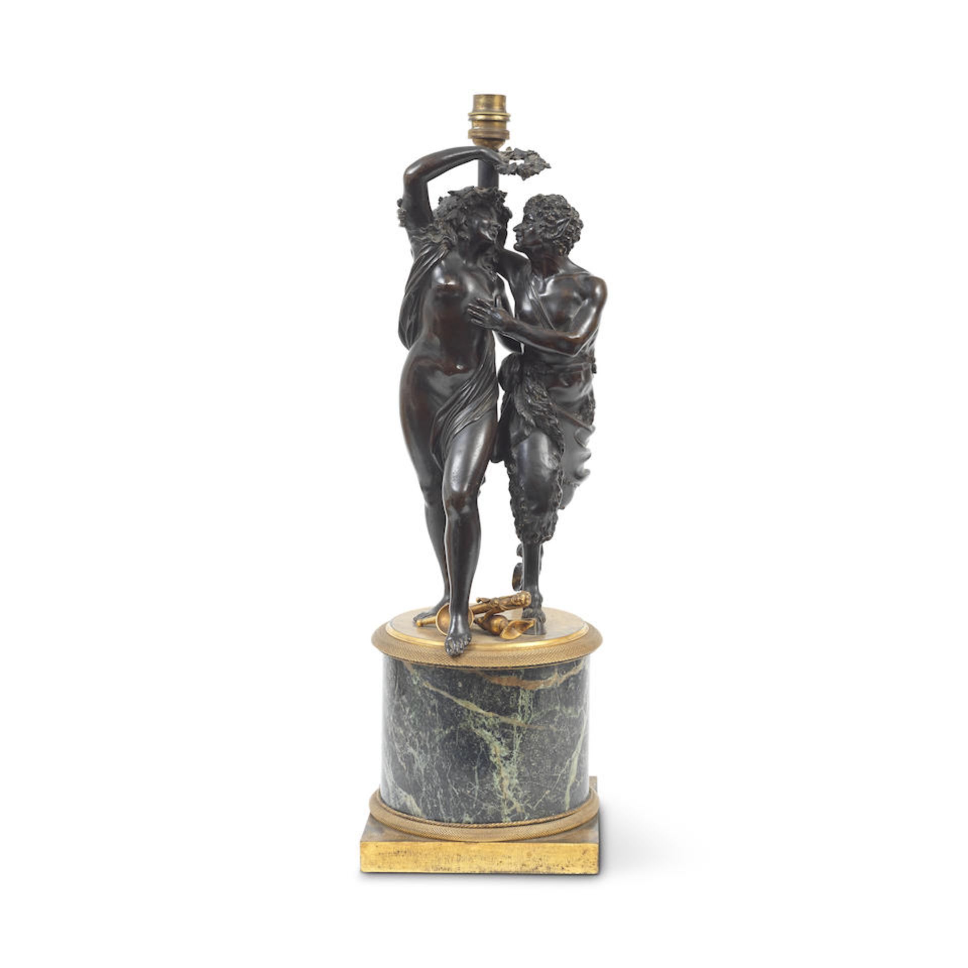 A 19th century and later French patinated bronze figural group, later adapted as a lamp base