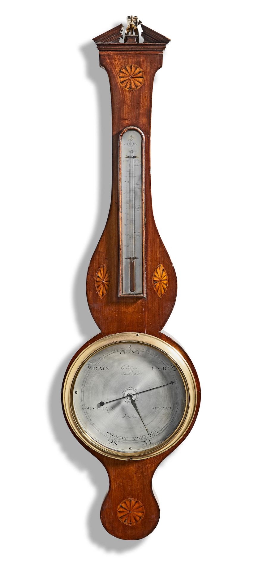 A good early 19th century inlaid mahogany wheel barometer signed G. Figerio, 281 High St, Holborn