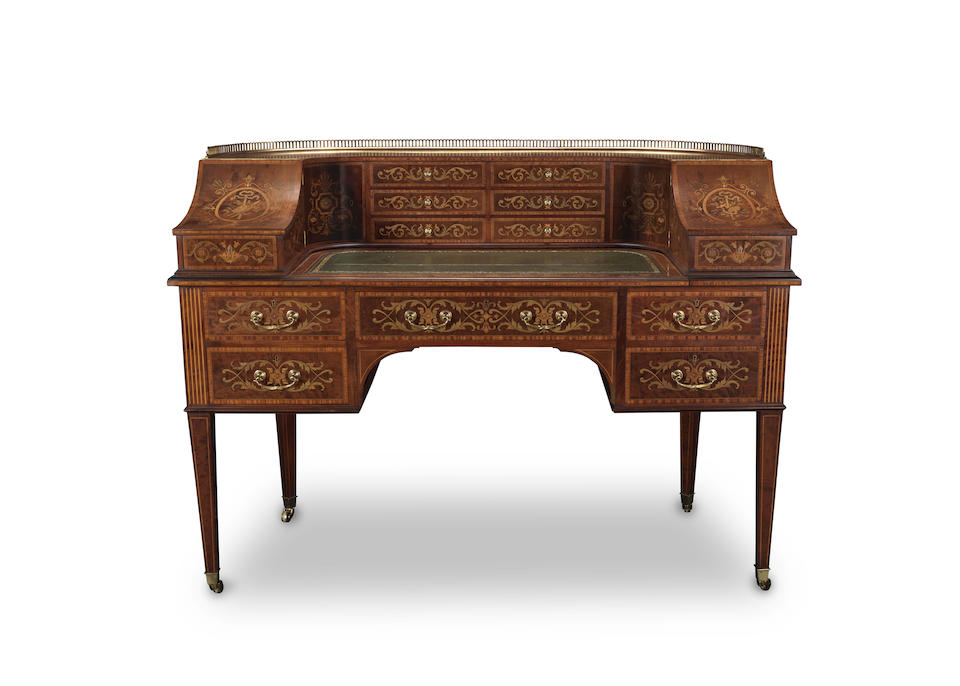 A late Victorian mahogany, satinwood banded, stained sycamore and fruitwood marquetry Carlton Ho...