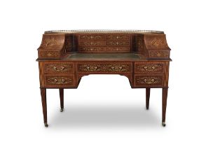 A late Victorian mahogany, satinwood banded, stained sycamore and fruitwood marquetry Carlton Ho...