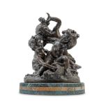 A decorative patinated bronze figural group of three playful putti after a model by Raphael Char...