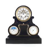 A late 19th century French black marble combination mantel clock barometer and calendar