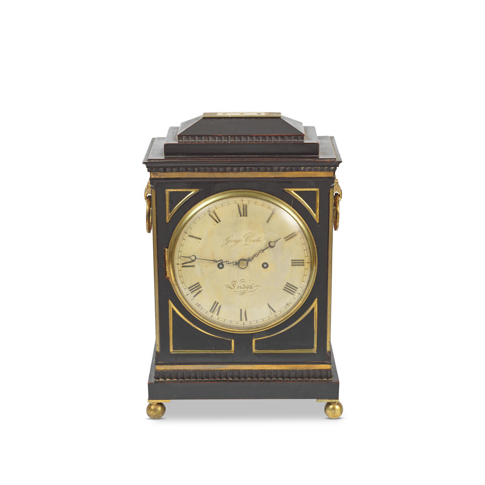 An early 19th century ebony and ebonised and brass inlaid and mounted bracket/table clock with p...