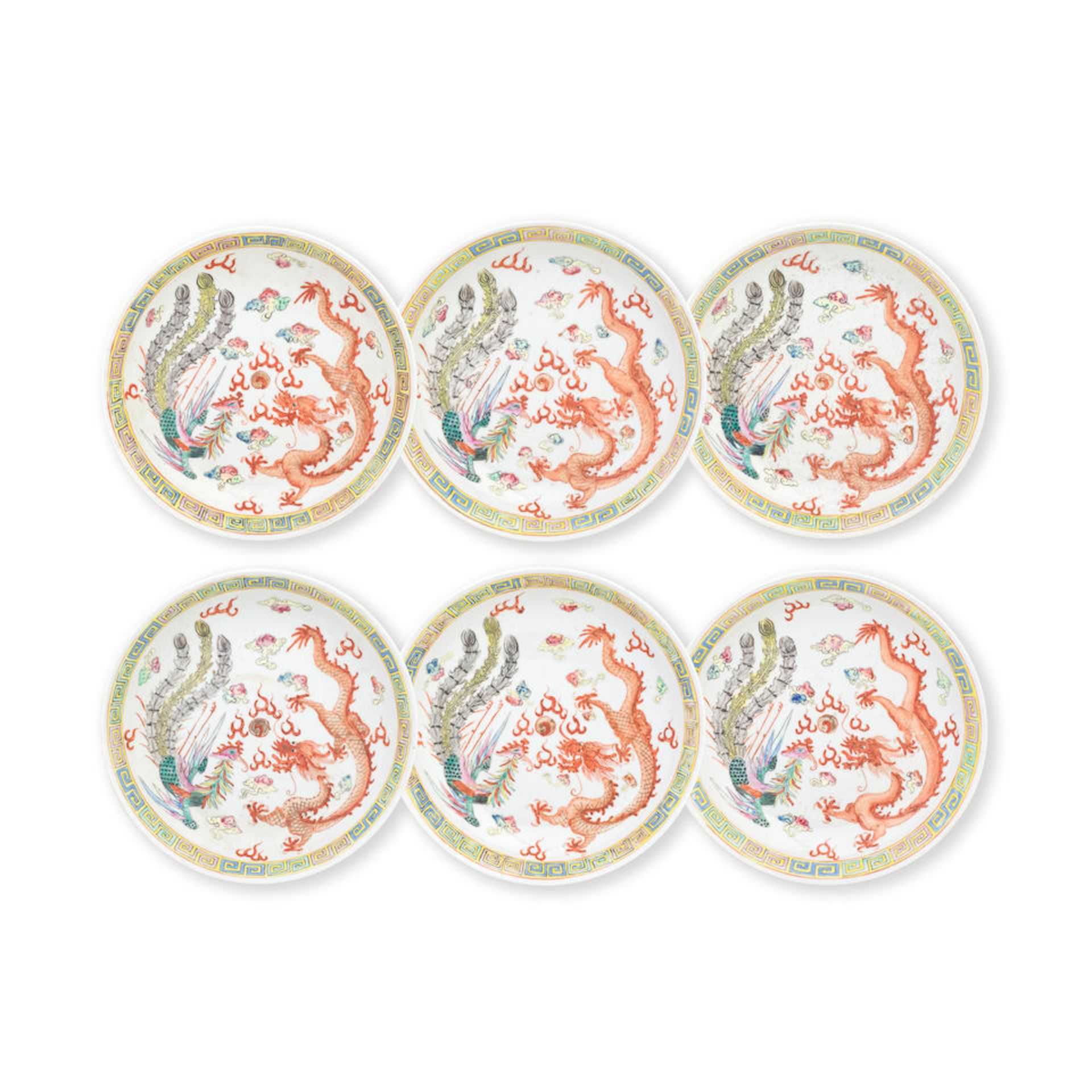 A set of six Chinese Famille Rose porcelain dragon and phoenix plates probably 19th century (6)